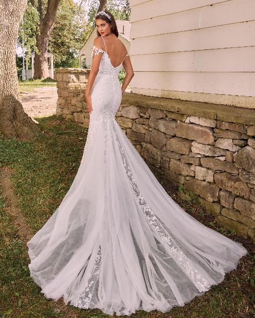 La22126 lace sheath wedding dress with off the shoulder sleeves and long train1